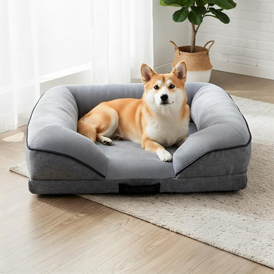 Orthopedic Egg-Shaped Sponge Dog Bed Medium Size Dog with Sides, Removable Cover and Non-Slip Bottom (Grey, 28 * 23 * 6)