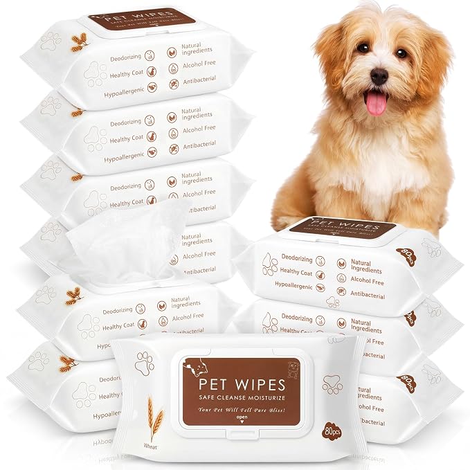 Treela 10 Packs of 800 Dog Wipes Pet Wipes Cat Grooming Supplies for Paws, Butt, Ear, Skin, Body Bath Cleaning Stain Odor Remover, Home or Travel Use (Soothing Oatmeal Flavor)