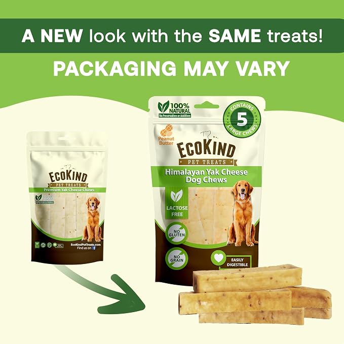 EcoKind Yak Cheese Himalayan Dog Chews, Yak Chews for Large Dogs, Long Lasting Bone for Aggressive Chewers, Only 4 Ingredients, Natural High Protein Treats, No Additives, Peanut Butter, Large - 1 Chew