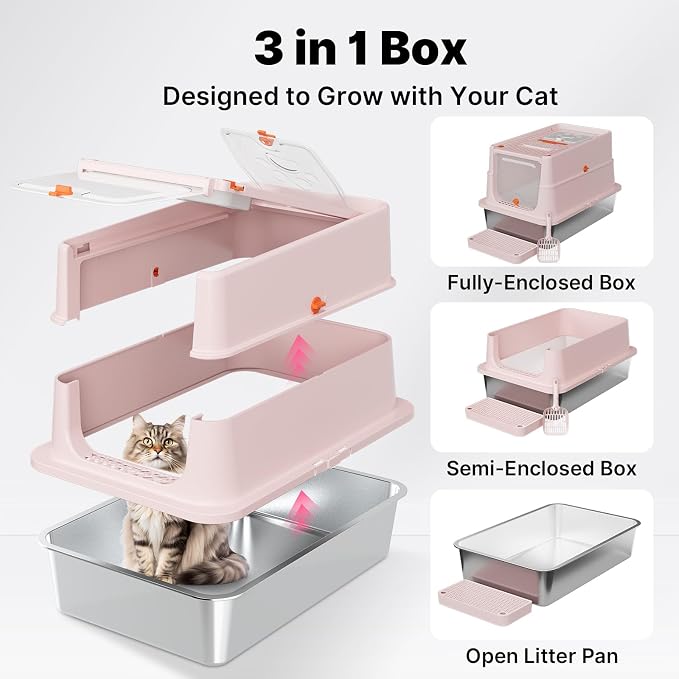 Stainless Steel Litter Box with Flip Lid, XL Extra Large Cat Litter Box with High Sided Top Entry Design, Anti-Leakage Enclosed Metal Litterbox for Big Cats, with Handle, Mat, Pedal & Scoop, Pink