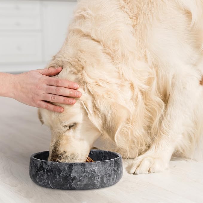 Marble Dog Bowl Natural Heavy Duty Pet Bowls Non-Slip Cat Food Water Bowl Stone Dish (Dark Grey, Large)