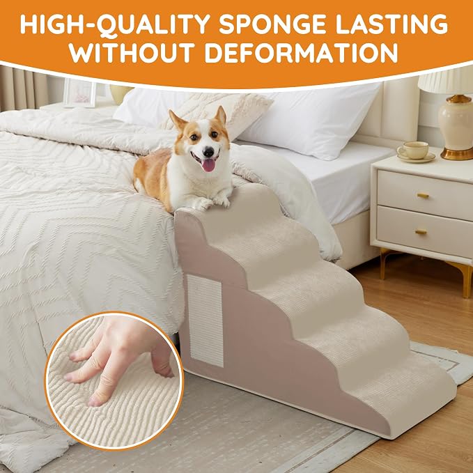 Pet Stairs, Dog Stairs for Small Dogs, Dogs Steps, 3-Step Curved Dog Ramp for Bed, Couch, Sofa, Car and Chairs, Non-Slip Bottom Design, Cat Scratching Board, High Density Foam Portable Pet Step, Beige