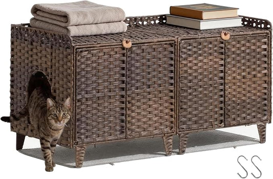 Rattan Litter Box Enclosure Double Room Cat Hidden Litterbox Furniture with Removable Litter Mat & 2 Hooks, Natural Cat House End Table, Easy Assembly, 47.2" l x 19.7" w x 23.6" h Brown