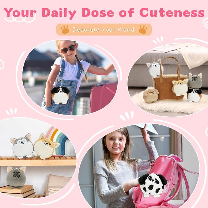 Muiteiur 6PCS Dog Plush Keychain Set, 3.94 Inch Cute Mini Stuffed Animal Charms, Soft Squishy Puppy Keychains for Backpacks, Party Favors & Gifts for Kids, Teens & Dog Lovers