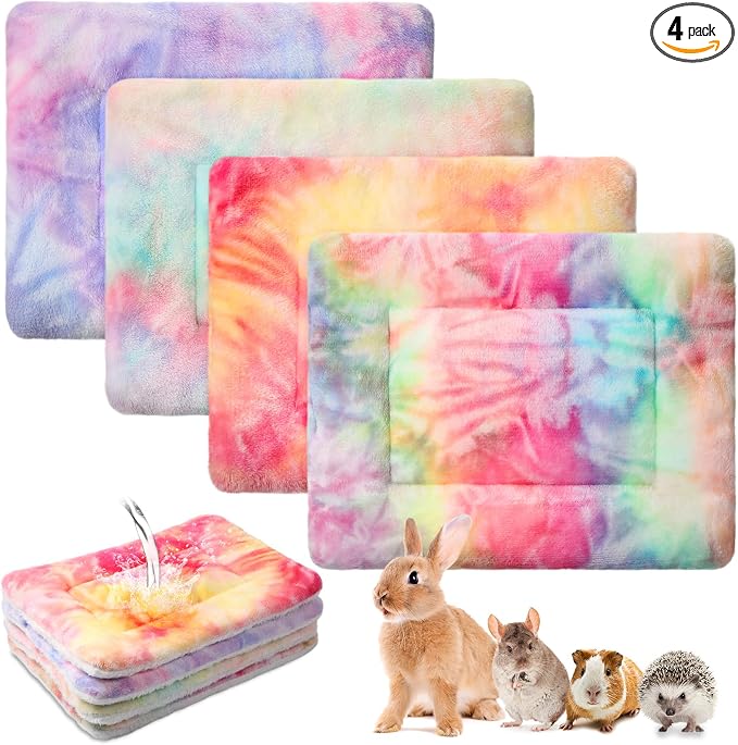 Haull 4 Pcs Waterproof Guinea Pig Bedding Soft Dog Cat Bed Crate Mat Small Animal Plush Cage Liners Rabbit Bunny Kennel Pad Reversible Cozy Pee Thickened Hamster Pad(Tie Dyed,13 x 10 Inch)