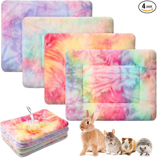 Haull 4 Pcs Waterproof Guinea Pig Bedding Soft Dog Cat Bed Crate Mat Small Animal Plush Cage Liners Rabbit Bunny Kennel Pad Reversible Cozy Pee Thickened Hamster Pad(Tie Dyed,13 x 10 Inch)