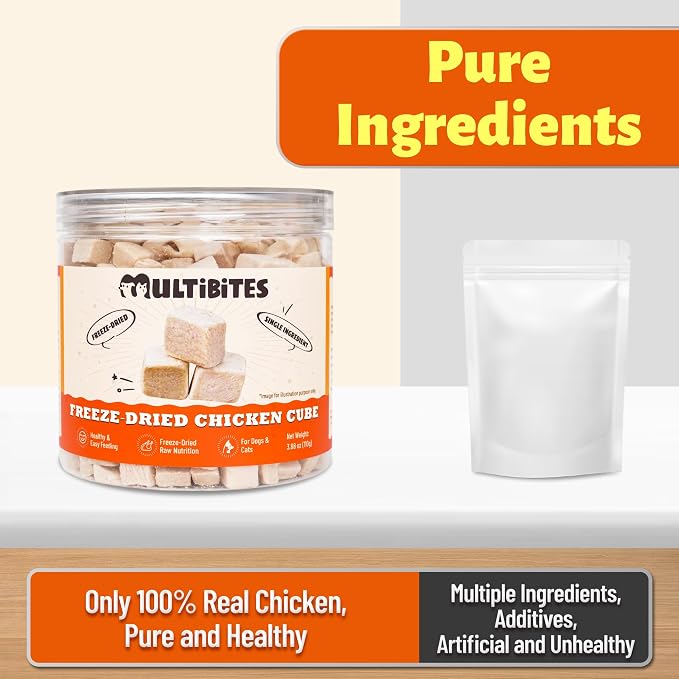 3.88 oz Freeze Dried Chicken Cubes for Dogs & Cats, Single‑Ingredient High‑Protein Grain-Free Treats, Large‑Sized Pet Snack Food Topper and Training Rewards for Multi‑Pet Households