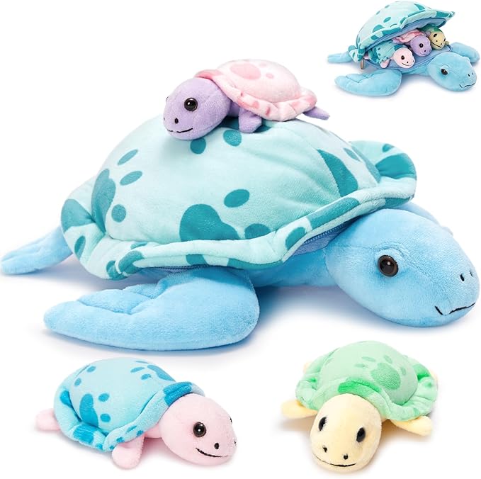 Muiteiur 4-in-1 Sea Turtle Stuffed Animal with Babies Inside, 12.6" Soft Mommy Turtle Plush Toy with 3 Babies, Blue Stuffed Marine Life for Kids Girl Boy