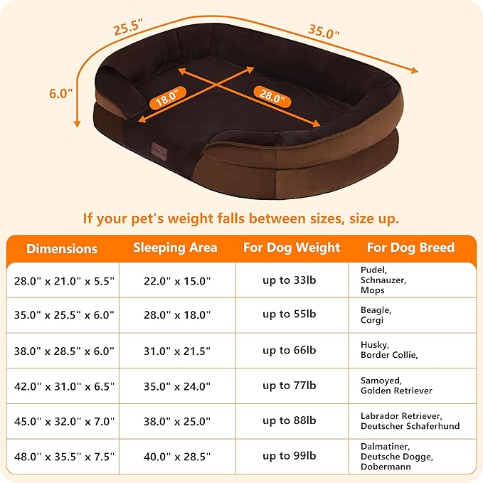 Dwanton Orthopedic Dog Bed for Medium Dogs with Gel Memory Foam, Waterproof Dog Sofa, Washable Pet Bed with Four Sided Bolster Cushion, Removable Cover & Non-Slip Bottom, 36", Brown