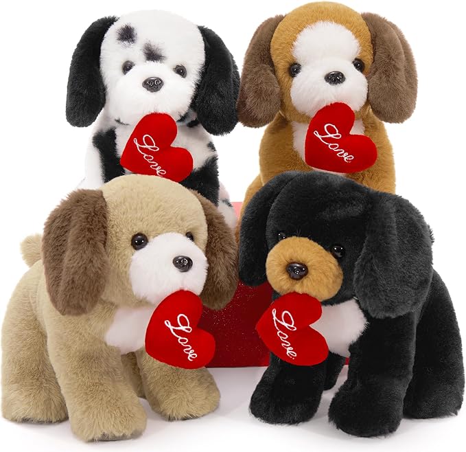 Muiteiur 4 Piece Love Dog Stuffed Animals, 8 Inch Valentines Dog Plush Bulk with Heart, Soft Puppy Plush Toys for Girlfriend Kids, Gift for Girls Kids
