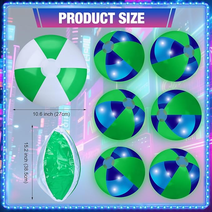 MiniInflat 12 Pcs Light up Beach Balls 16'' Jumbo Pool LED Balls Glow in the Dark Neon Giant Inflatable for Summer Hawaiian Tropical Theme Beach Party Decor Water Accessory (Green)