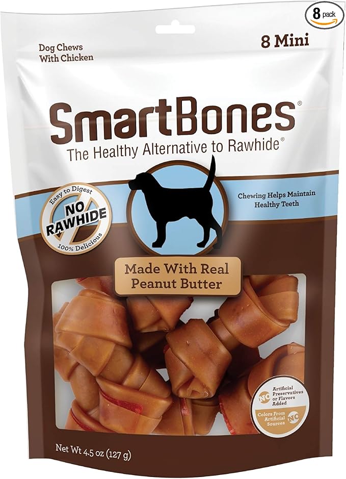 SmartBones with Peanut Butter Mini Chews 8 Count, Rawhide-Free Chews for Dogs, No Artificial Preservatives or Flavors Added