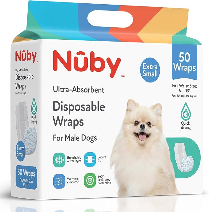 Nuby Pets Disposable Male Dog Wraps with Wetness Indicator, Absorbent & Leak-Resistant Belly Bands for Male Dogs, XSmall (6–13” Waist), 50 Count