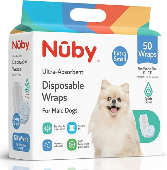 Nuby Pets Disposable Male Dog Wraps with Wetness Indicator, Absorbent & Leak-Resistant Belly Bands for Male Dogs, XSmall (6–13” Waist), 50 Count