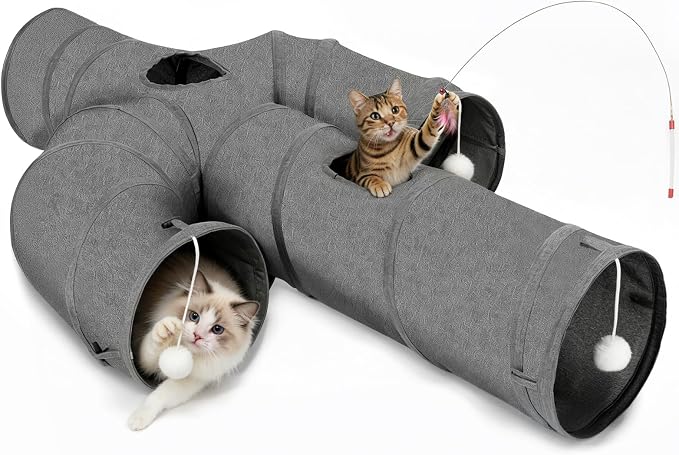 Ownpets Cat Tunnel Large 12 inch Diameter Sturdy Oxford Fabric Cat Tunnel Toy, Cactus Shape Collapsible Cat Tunnels for Indoor Cats,Interactive Peek Hole Pet Tunnel Tube with Cat Wand Toy