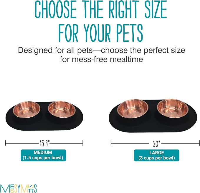 Messy Mutts Double Silicone Feeder with Copper-Colored Stainless Bowls | Non-Skid Food Dishes for Dogs for All Pets | Dog Food Bowls | Medium, 1.5 Cups Per Bowl | Black