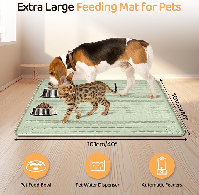 Dog Food Mat, Extra Large 40" x 40" Silicone Pet Feeding Mat with Raised Edge Pet Placemat for Small, Medium, and Large Pets Non-Slip, Easy to Clean (Green)