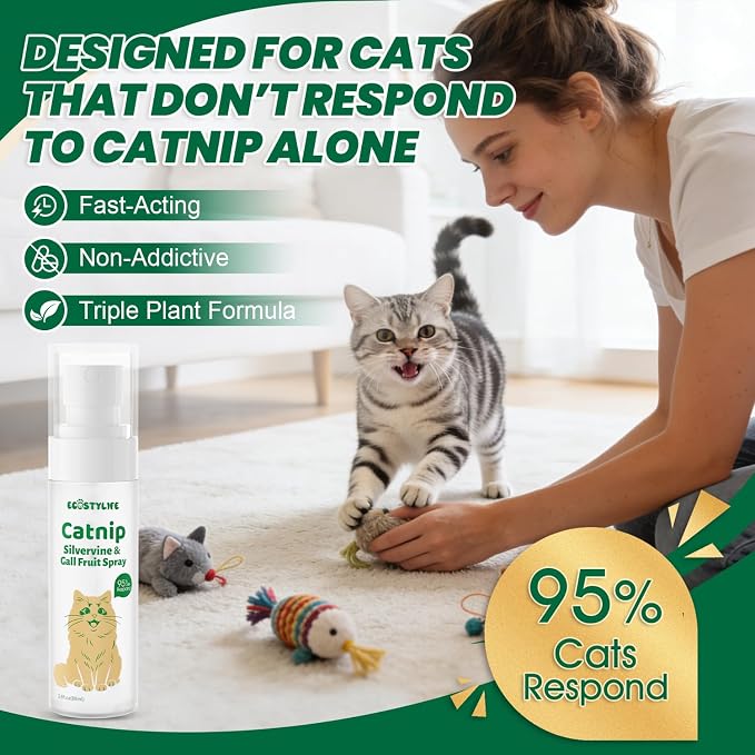 Upgraded Catnip Spray for Indoor Cats, 2.8 fl oz – Natural Formula with Silvervine & Gall Fruit, Encourages Play & Scratching, Ideal for Scratching Post, Suitable for Cats Less Responsive to Catnip