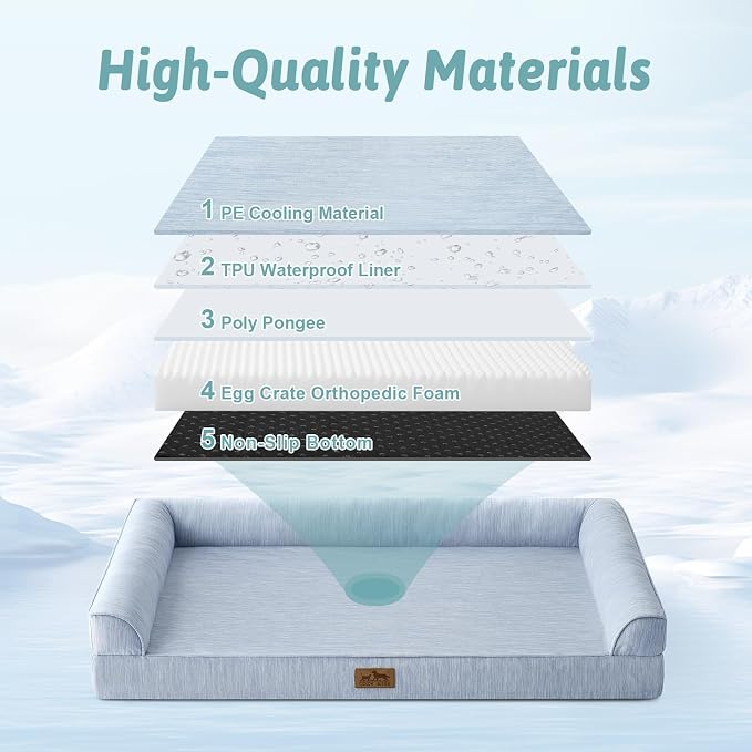 COZY KISS Cooling Dog Bed for Small Dogs, 30"x20" Orthopedic Foam Sofa with Bolster Sides, Q-Max >0.4 Cooling Technology, Cool Pet Bed with Removable Washable Cover, Blue