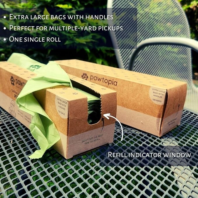 Pawtopia Pet Waste Bag Duo - 120 Standard Sized-Dog Poop Bags (8 rolls) + 100 Extra Large Cat Litter Bag with Handles (1 single roll), Vegetable Starches, Tuv Austria, Leak-Proof, Yard Pickup