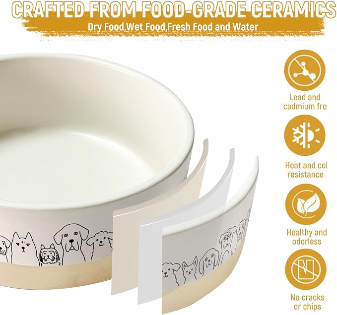 Ceramic Dog Bowls Set of 2，6.1inch Wide Dog Food Bowl with Cute Patterns Printing for Small Medium and Large Breed Dogs,Weighted Pet Feeding Dishes for Food and Water Dishwasher Safe