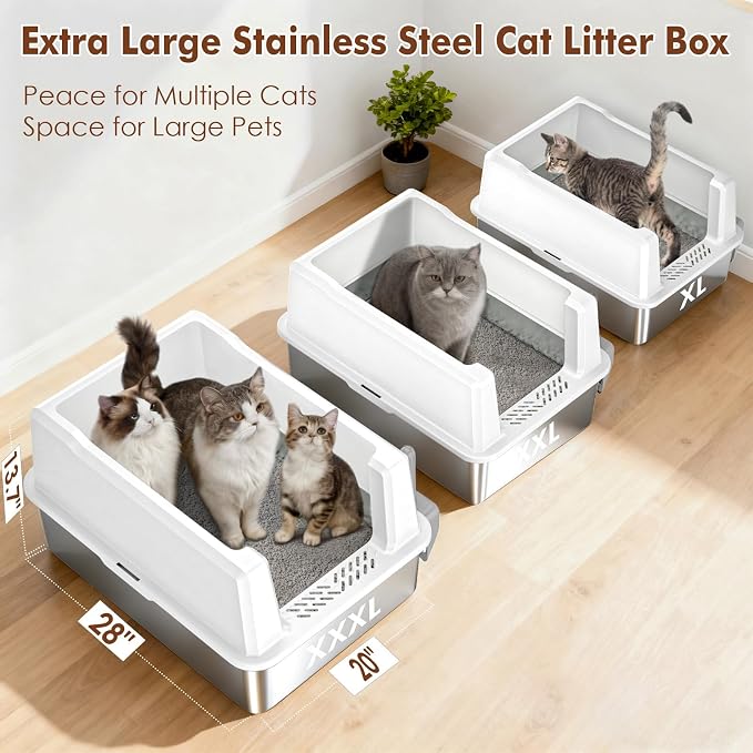 Extra Large Stainless Steel Cat Litter Box for Maine Coons, Large Cats & Multi-Cat Homes, High-Sided Design, Easy to Clean, Non-Stick, Anti-Leak