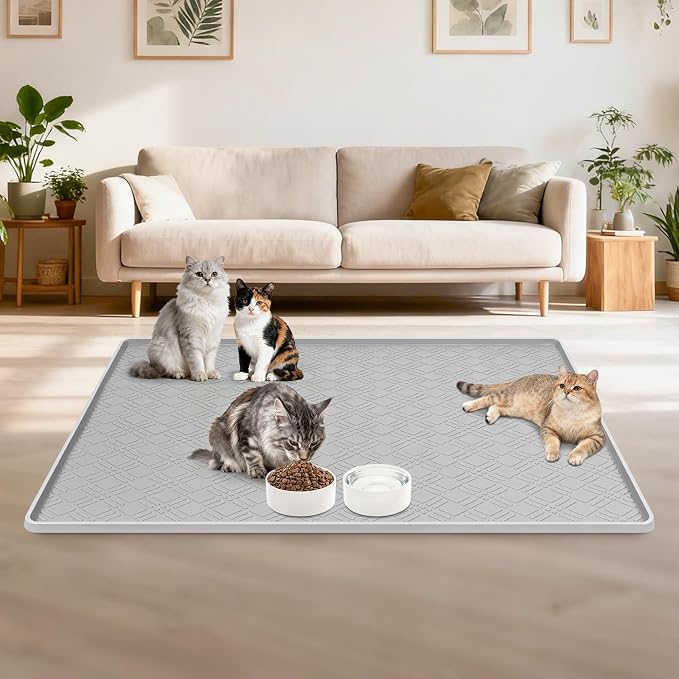Cat Food Mat, 42" x 29" Large Silicone Mat Cat Feeding Mat with Raised Edge Non-Slip Pet Feeding Mat for Food and Water Bowl, Easy to Clean, Floor Protection (Light Gray)