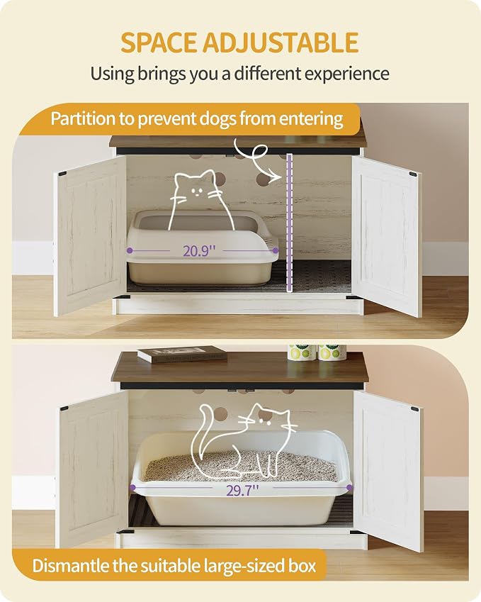 Hzuaneri Cat Litter Box Enclosure with Cushion, Hidden Litter Box Furniture with Removable Dividers, Reversible Entrance Left or Right Side, Cat House, Rustic White and Brown CB84614X