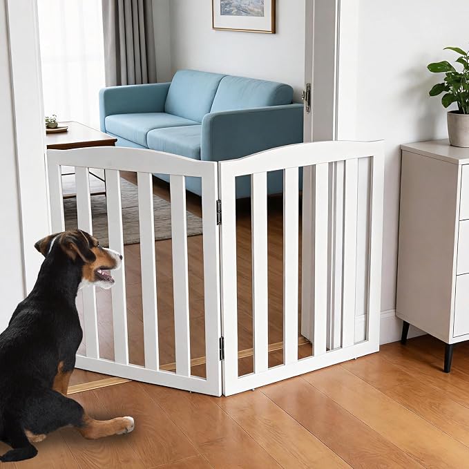 Freestanding Dog Gate Indoor,Doggie Gate Foldable Pet Gates for Doorways,Stairs or Hallways, Wooden White Pet Gate for the House, Pet Fence,24 "Height-2 Panels