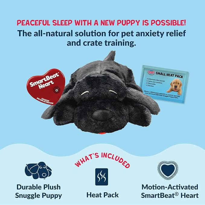 Snuggle Puppy Original Junior Heartbeat Puppy Toy for Small Breeds, Compact Plush Dog Toy with Real-Feel Pulse for Crate Time and Rest - Black