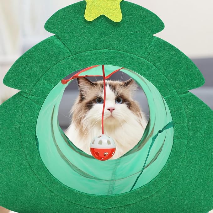 Christmas Tree Cat Tunnel Toys, 22" Foldable Indoor Cat Maze Tunnel with Crinkle Bell Ball for Kittens Puppy Small Pets Playing (Christmas Tree)