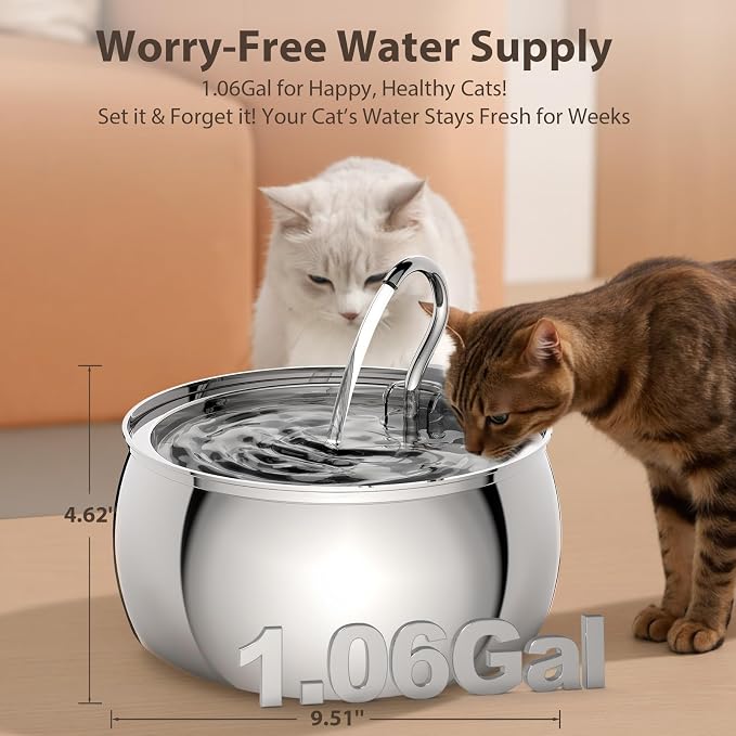 Stainless Steel Cat Water Fountain: 1.06 Gal Large Capacity Cat Fountain for Drinking - Ideal for Multiple Pets, Ultra Quiet Pump and Dishwasher Safe, Comes with 3 Replacement Filters