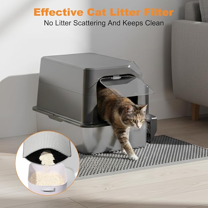 Extra Large Stainless Steel Cat Litter Box Enclosed with Lid - 23.6" x 15.7" x 16.5" Metal Cat Litter Box XXL, Front Entry High Side Kitty Litterbox with Scoop & Mat, Anti Leakage, No Sticky