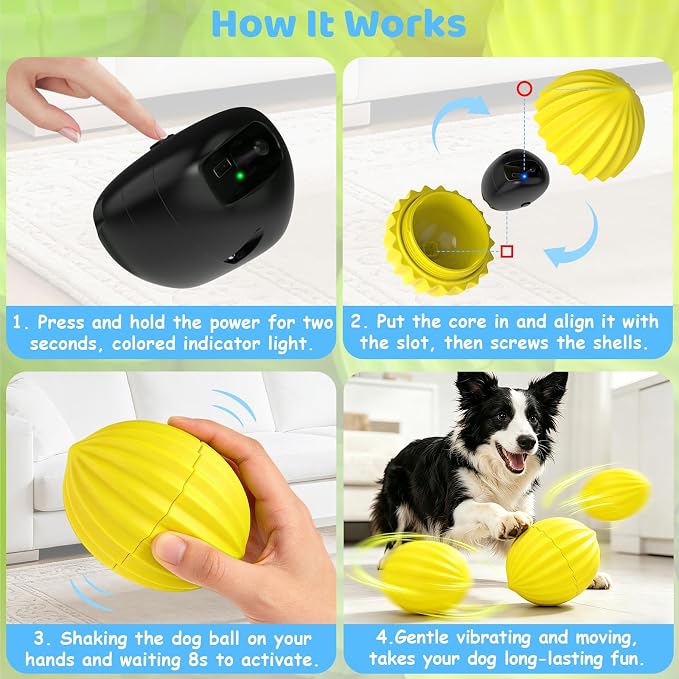 Yipetor Smart Interactive Dog Toy Ball,【Alemon Balls】 Automatic Moving Vibrating Oval Dog Ball, Gentle Bouncing & Self Rotating, Type-C Rechargeable Dog Toys to Keep Medium Large Dogs Busy, 3 Inch