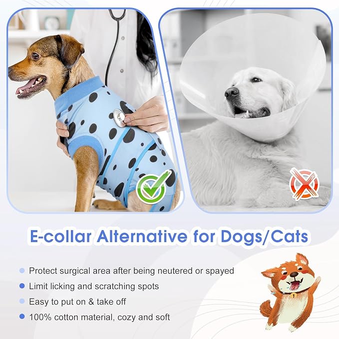 Kuoser Dog Surgery Suit, Soft Dog Spay Recovery Suit Female, Anti Licking Neuter Recovery Suit for Male Dogs, Post-Op Pet Surgical Suit Protective Wear E-Collar & Cone Alternative,Blue Polka Dots L