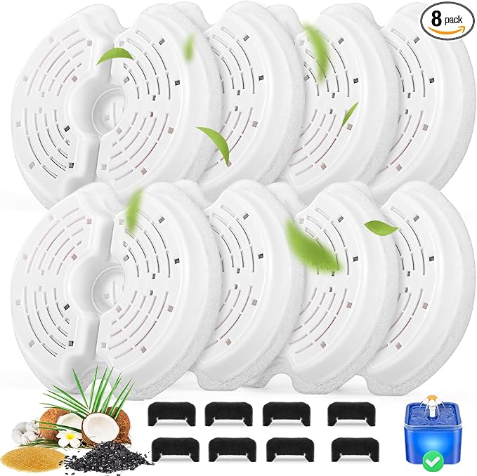 Cat Water Fountain Filters for 84oz/2.5L Stainless Steel Pet Fountain and 67oz/2.0L Plastic Cat Drinking Fountain, 8 Pack Pet Replacement Filters with 8 Pre-Filter Sponges