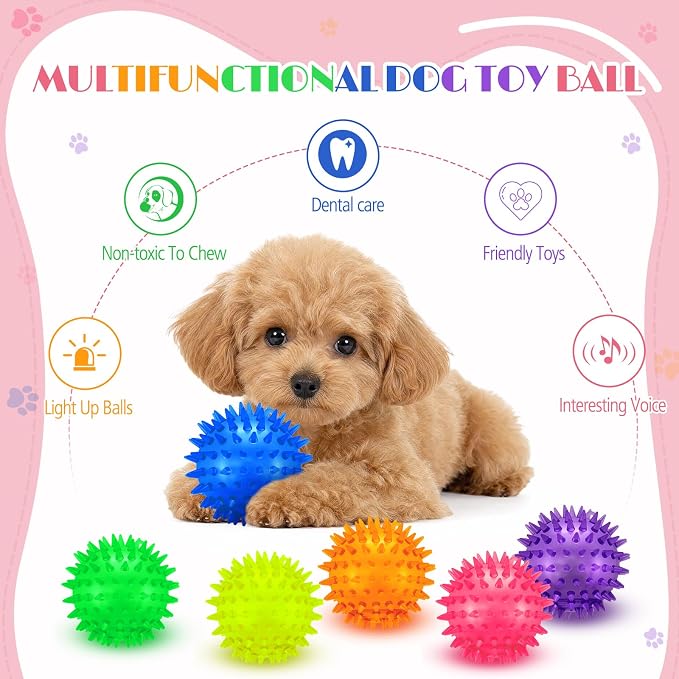 12 Pcs 2.56" Light up Squeaky Dog Balls LED Spiky Dog Toys Ball Durable Interactive Glow Fetch Balls Puppy Chew Toys for Small Medium Pet Clean Teeth