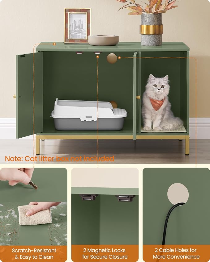 Feandrea Cat Litter Box Enclosure, Hidden Litter Box Furniture with Scratch Pad, Front Entry, Double Cabinet Doors, Modern Style, 31.5" Cat House Washroom Side End Table, Forest Green and Gold