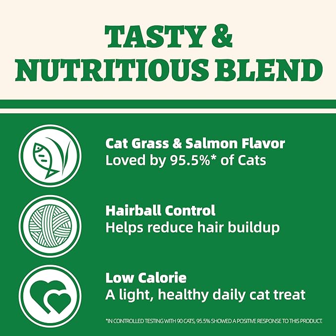 Wellix Cat Grass Treats with Catnip & Salmon - Healthy Cat Treats for Indoor Cats - Hairball Control & Digestive Support - Kittens Training Snacks for Teeth Cleaning 13.05oz