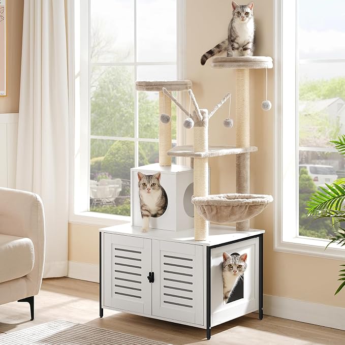 HOOBRO Cat Tree with Scratching Posts, Cat Tower Litter Box Enclosure Furniture for Indoor Cats, All-in-One Wooden Cat House Condo with Cat Hammock, Detachable Teaser Sticks, White BW14MZ03