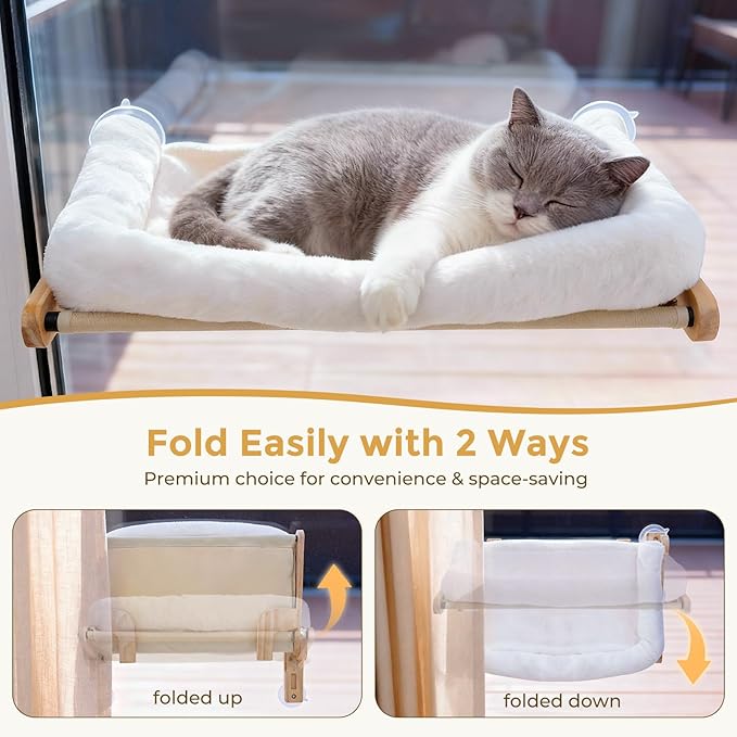 Pecute Foldable Cat Window Perch, Cloud-Soft Cat Bed with Solid Wood Frame, Strong Suction Cup, Washable Cushion, Stable Large Cats Hammock with Sided Bolster, Cats Perch Indoor for Sunbathing, 26" L