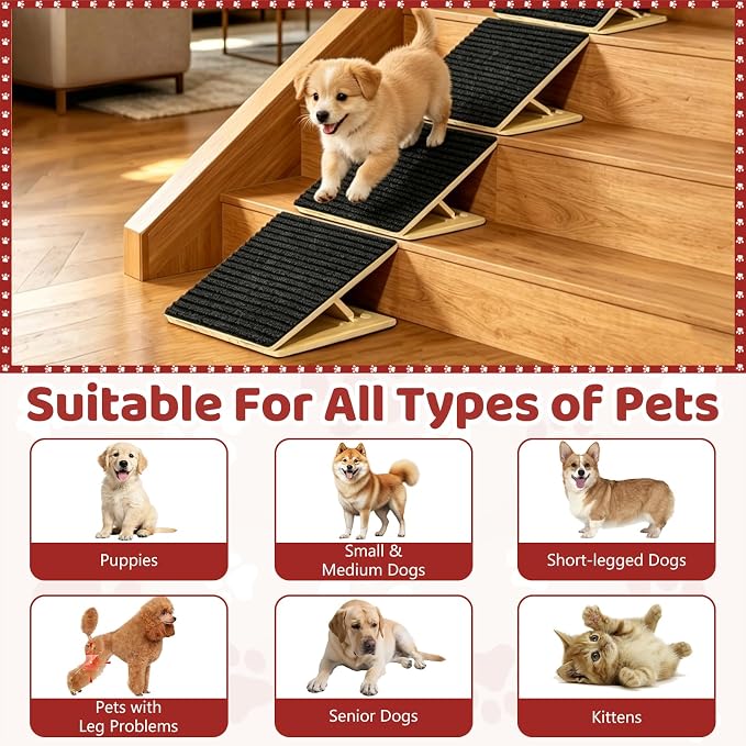 Dog Ramp for Stairs 4 Pack,Adjustable Height Wooden Pet Stair Wedges for Dogs & Cats,Foldable Indoor Step Ramp with High-Traction Carpet Surface for Large Senior Short-Legged Pets,Couch Bed