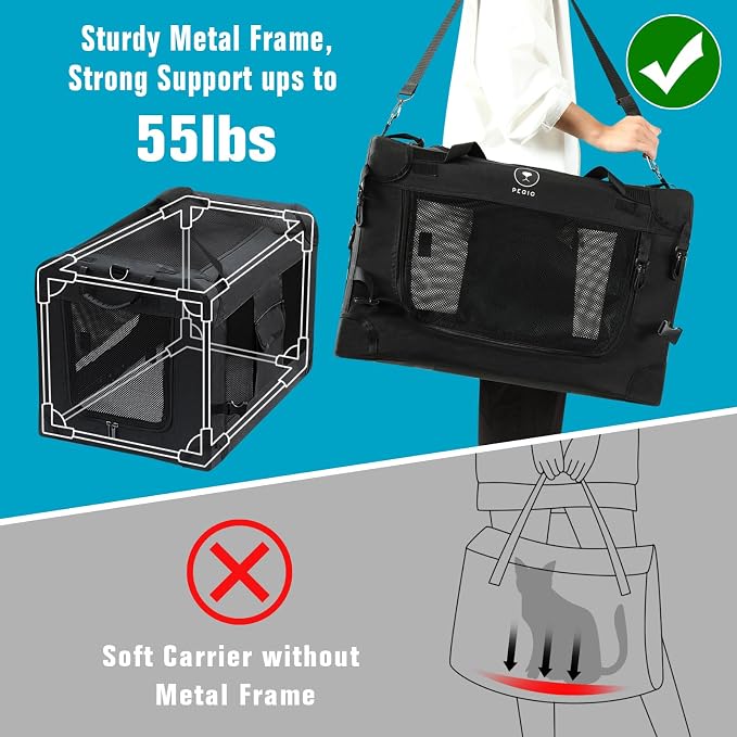 PEGIC Extra Large Cat Carrier, Black | Soft Sided Collapsible, For 2 Kittens or Large Cat, Up to 50lbs, Car Travel, Indoor and Outdoor Uses