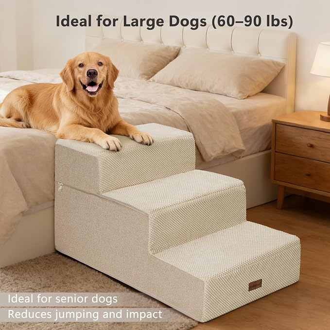 AODISMAN Dog Stairs for Large Dogs 18" H, Extra Wide Dog Steps for High Beds & Couches, 20" Wide Deep Steps, Non-Slip Dogs Ramp, 3-Step Pet Stairs, Beige