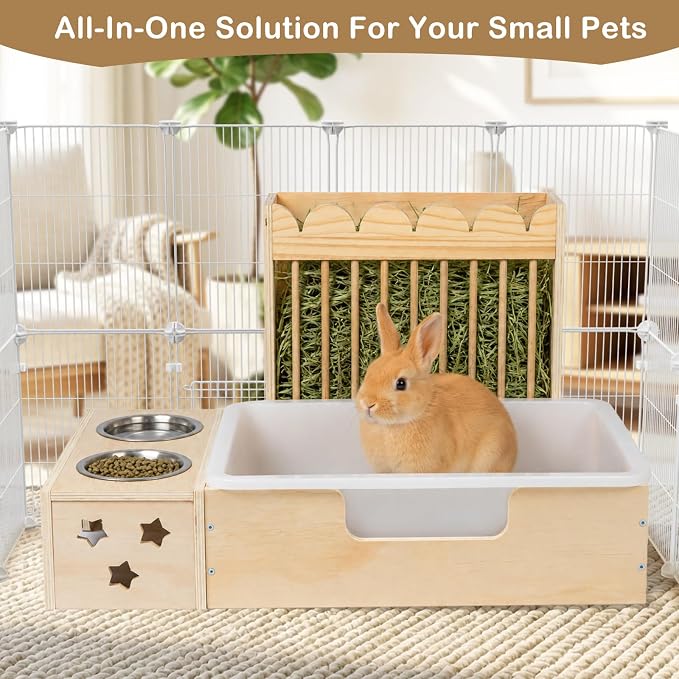 Upgraded 3‑in‑1 Wooden Rabbit Hay Feeder and Litter Box Combo | Extra Large, Mess‑Proof Hay Rack, Easy Clean, Stainless Steel Bowls, Small Pet Feeding Station