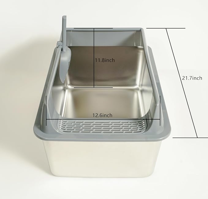Open Stainless Steel Cat Litter Boxs 21.7" Lx 12.6" W x 11.8" H with Scoop.Particularly Well-Suited to Large Cats