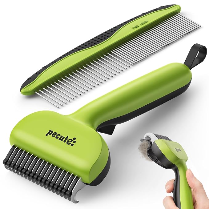 Pecute Pet Grooming Tool Bundle: Self-Cleaning Slicker Brush + Self-Cleaning Undercoat Rake + Comb