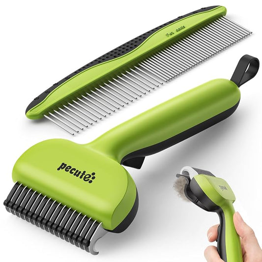 Pecute Self-Cleaning Undercoat Rake for Dogs Cats with Thick Double Coats | 1-click clean, 304SS, 18 rounded teeth, For seasonal heavy shedding & matting, Gentle on pets, Ideal for long/dense coats
