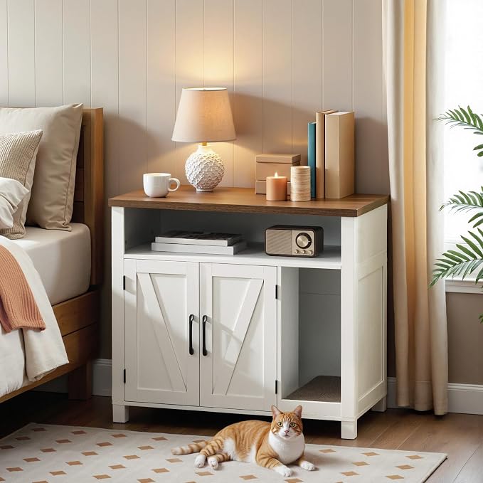 HOOBRO Cat Litter Box Enclosure, Farmhouse Hidden Litter Box with Scratch Pad, Litter Box Furniture with Storage Layer, End Side Table,White and Walnut, WH24MW01