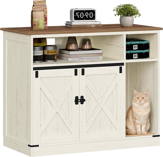 Hzuaneri Cat Litter Box Enclosure, Hidden Litter Box Furniture with Storage, Wooden Cat Cabinet with Scratch Pad, Farmhouse Cat Washroom, TV Stand End Table, Rustic Brown and White CB88614X